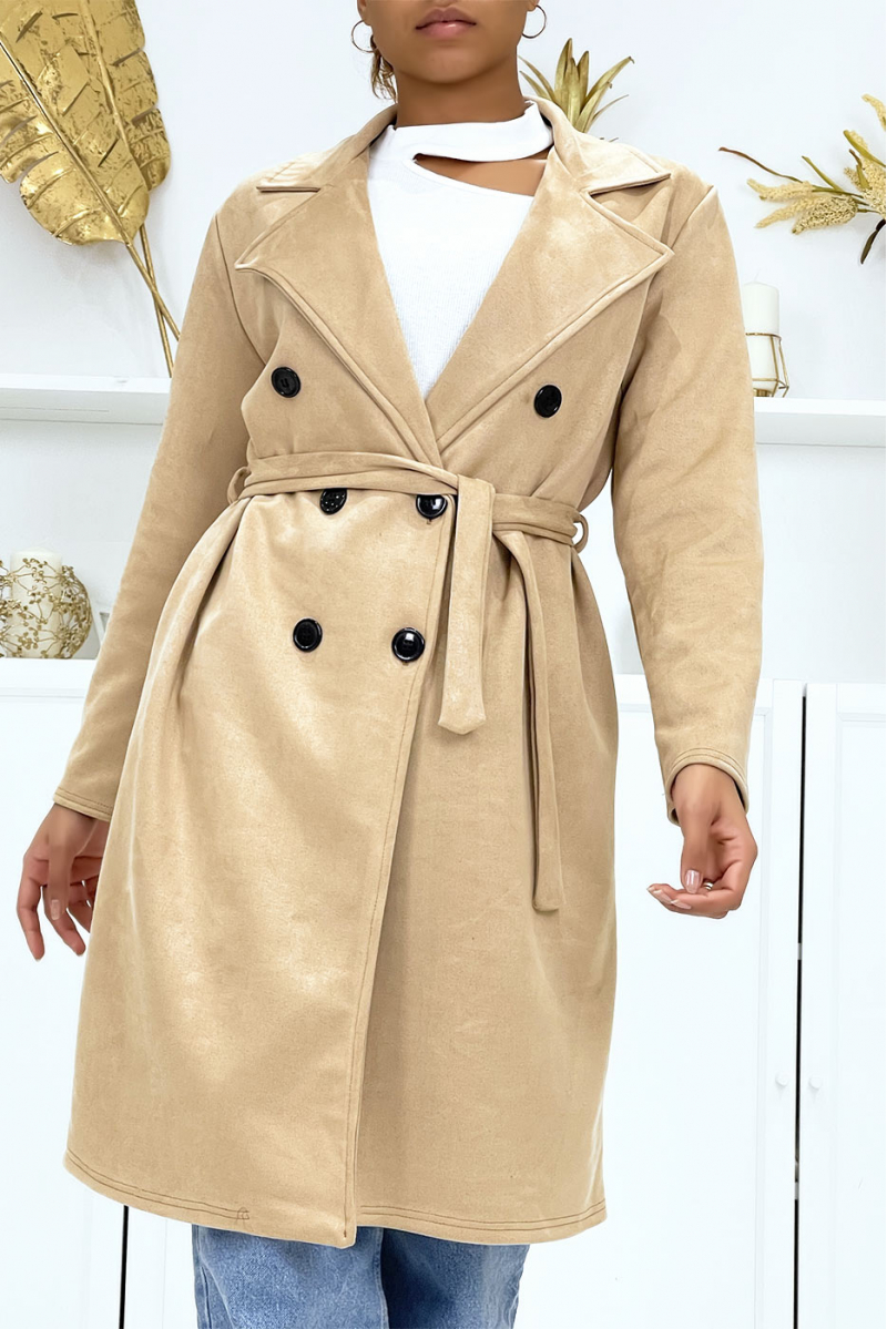 Camel trench coat in very chic suedette for women - 5