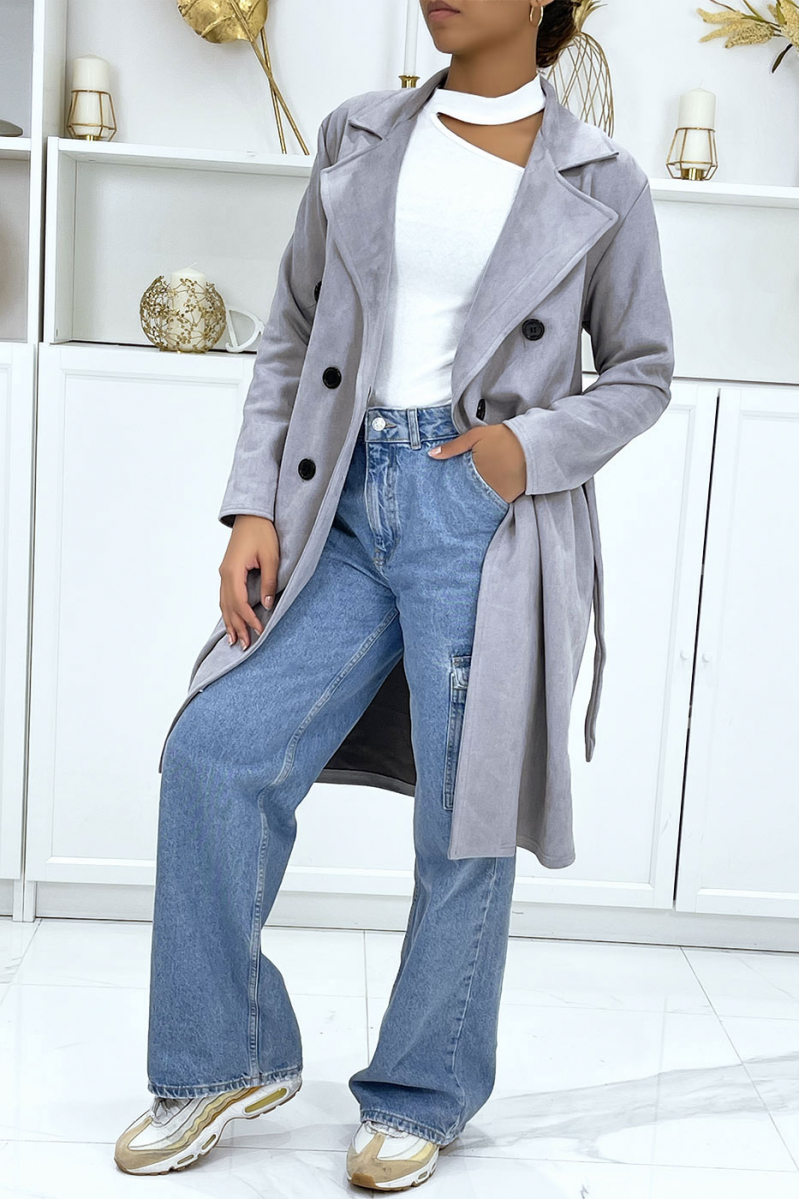 Very chic gray suedette trench coat for women - 1