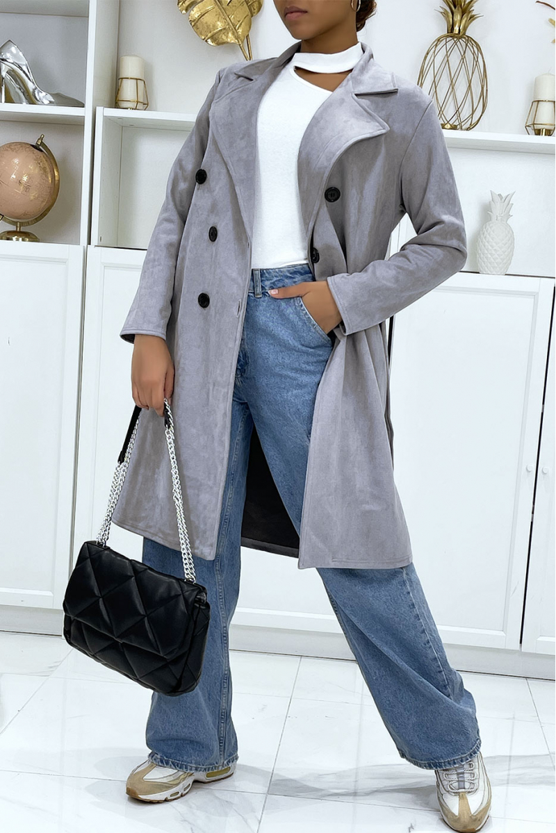 Very chic gray suedette trench coat for women - 2