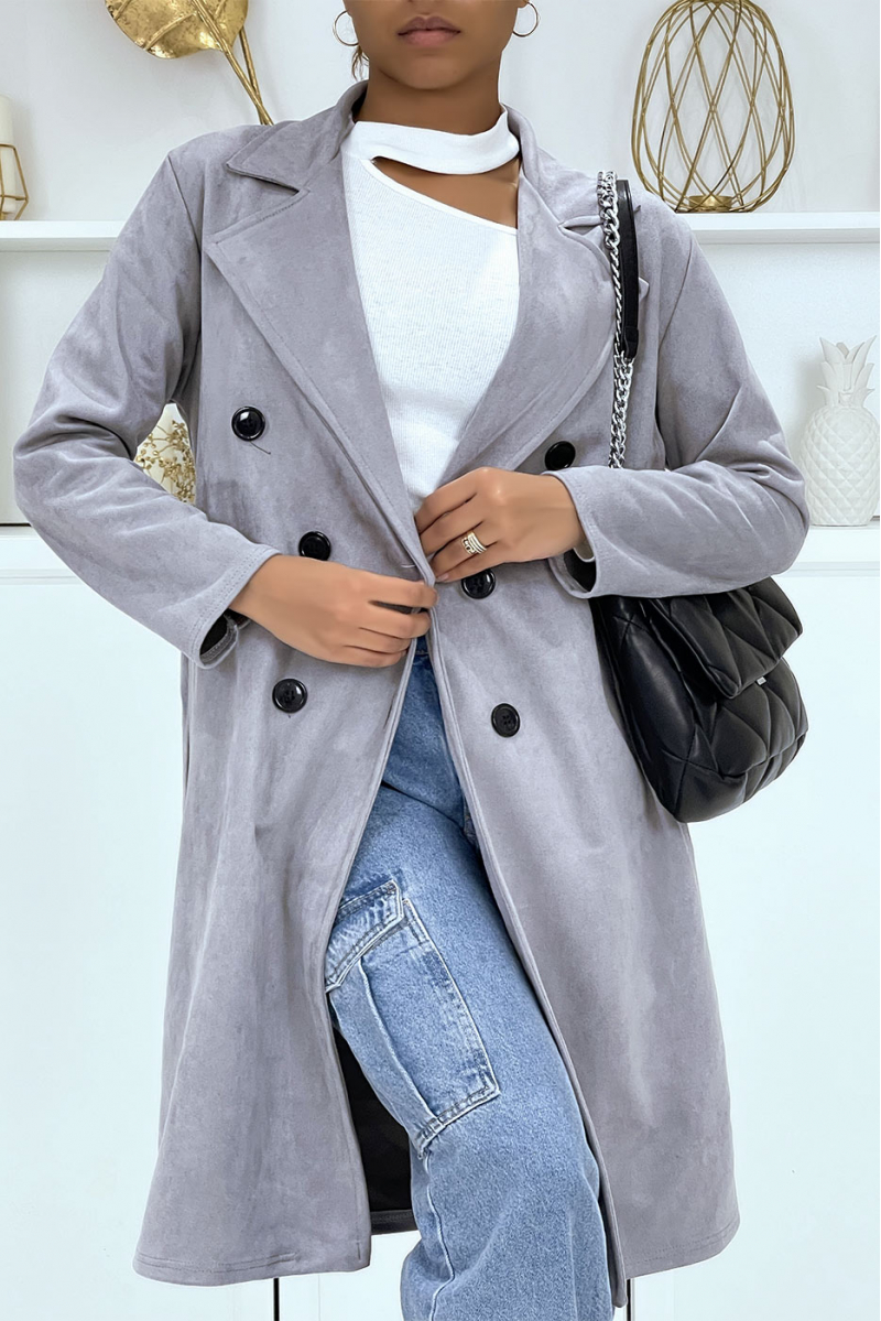 Very chic gray suedette trench coat for women - 3