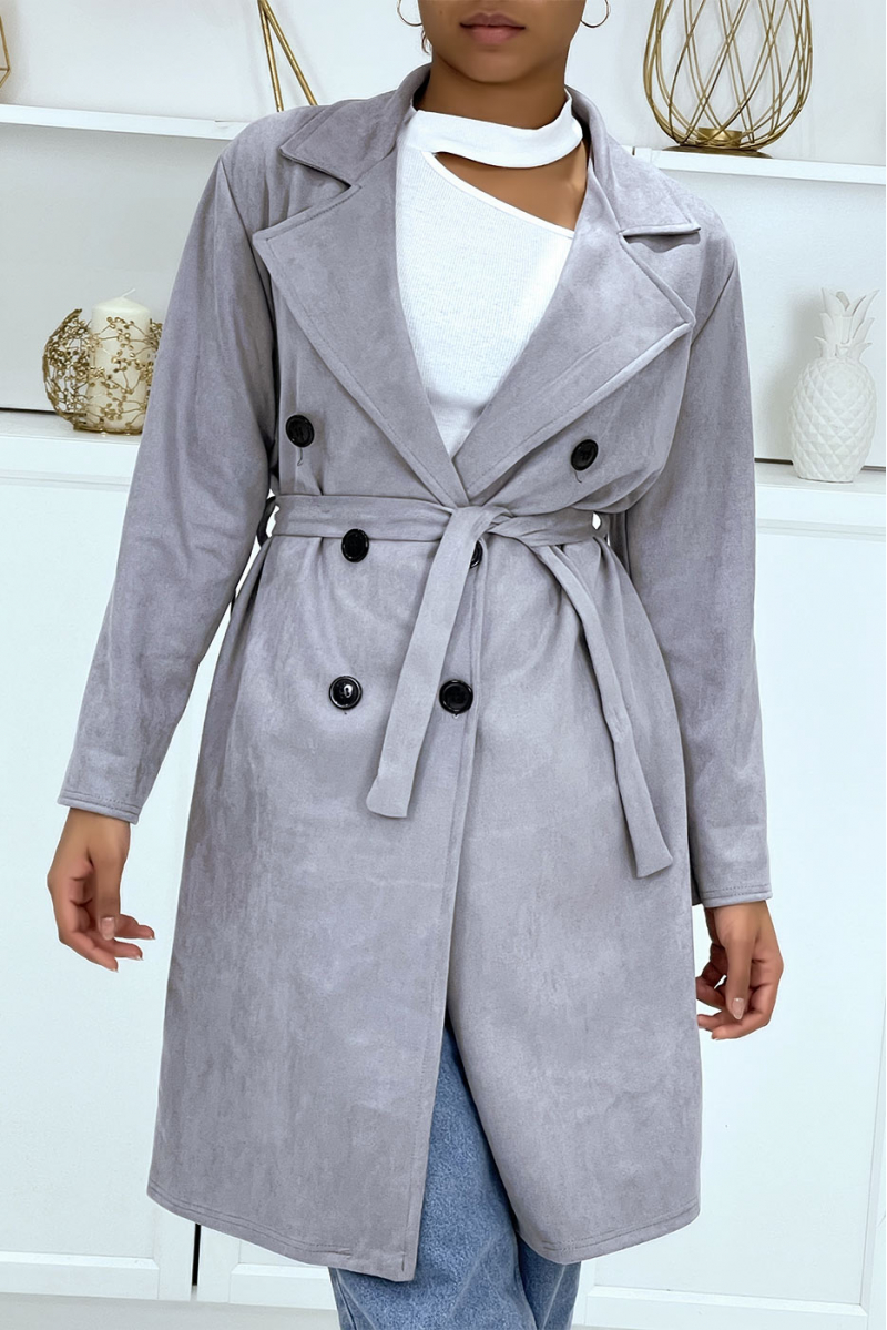Very chic gray suedette trench coat for women - 5