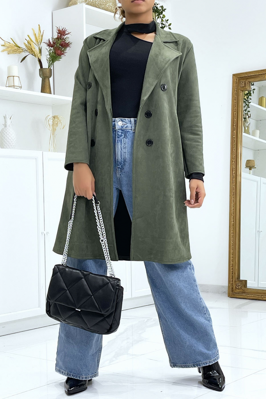 Zeer chique kaki suedette trenchcoat voor dames - 1