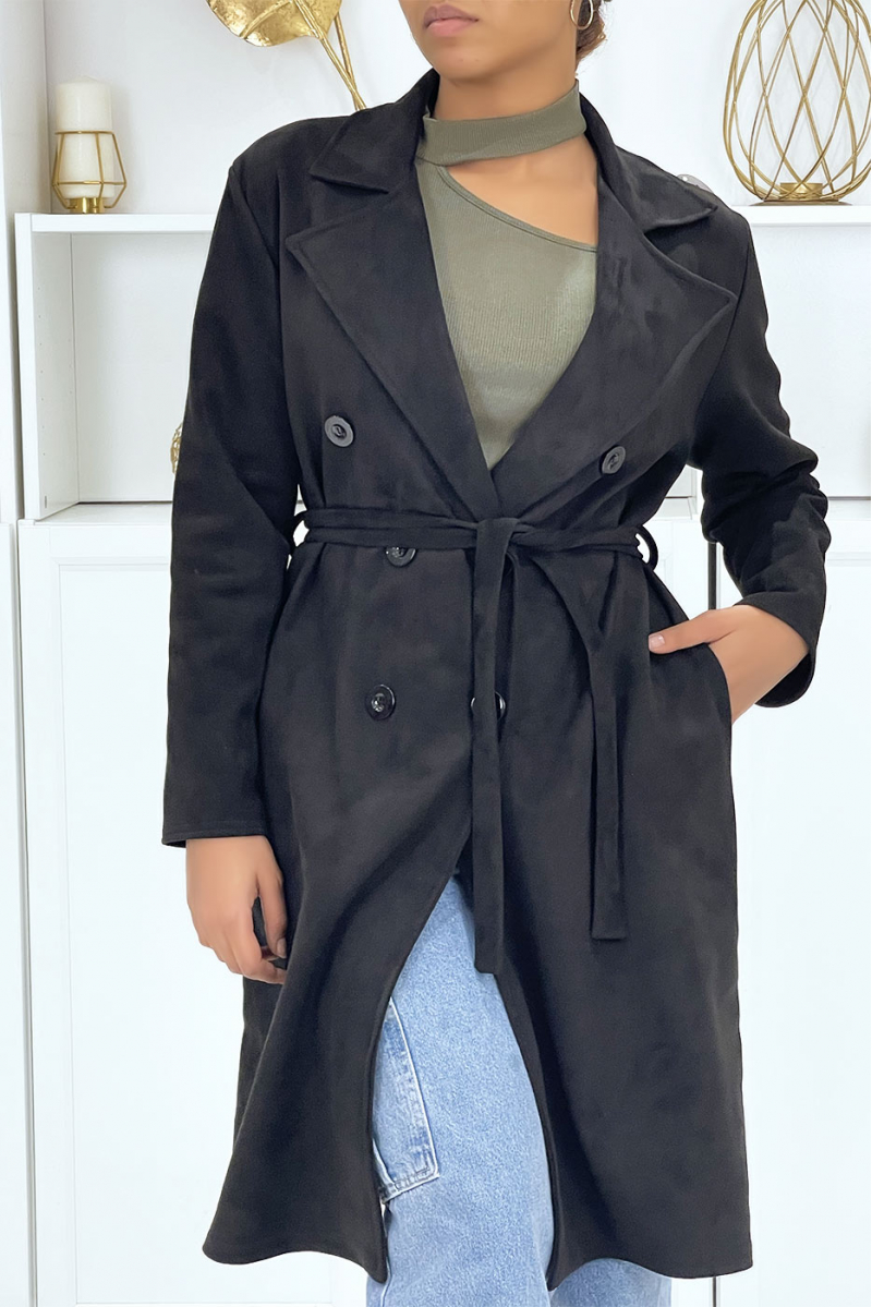 Very chic black suedette trench coat for women - 11