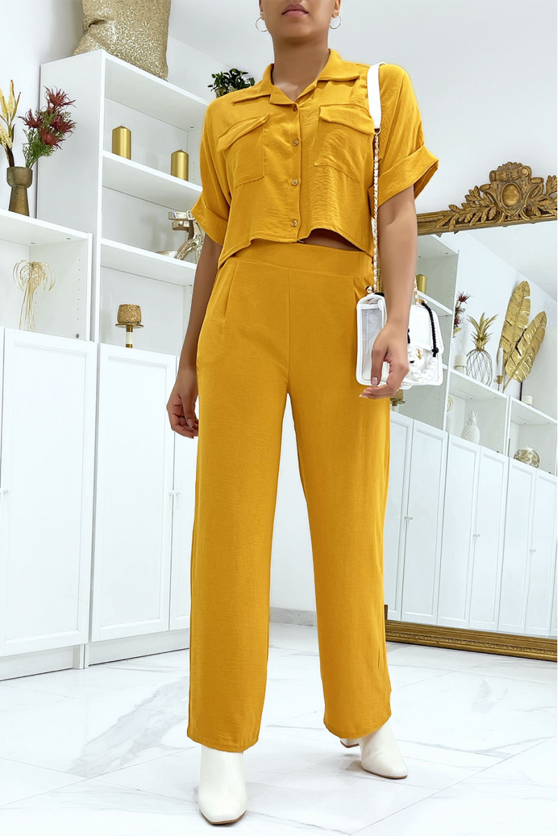 Mosterd safari shirt en palazzo broek set - 1