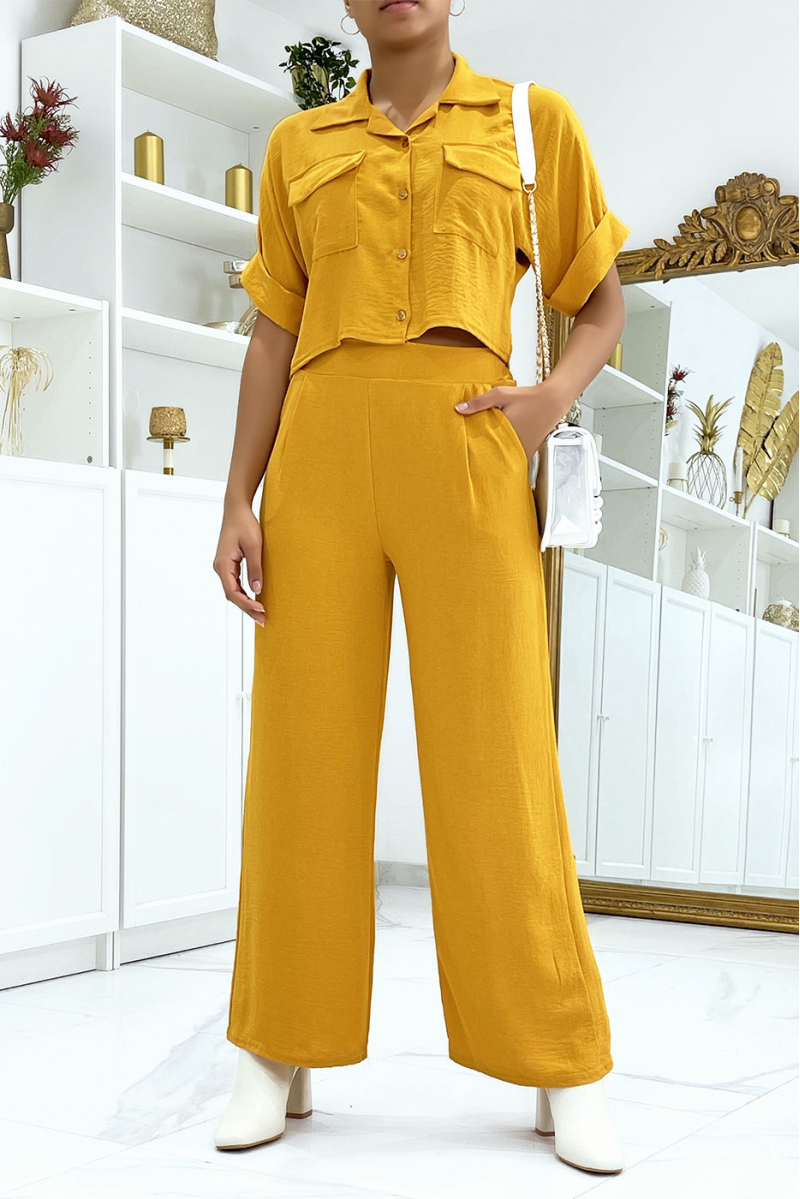 Mustard safari shirt and palazzo pants set - 2