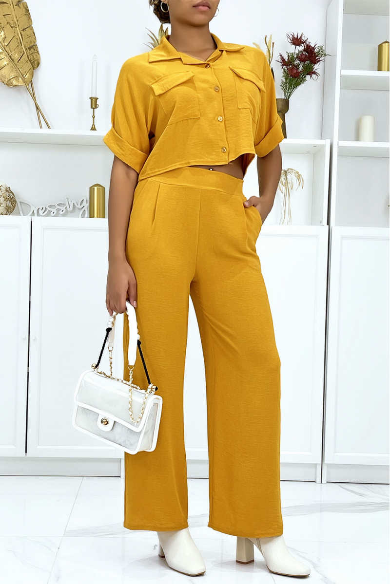 Mosterd safari shirt en palazzo broek set - 3
