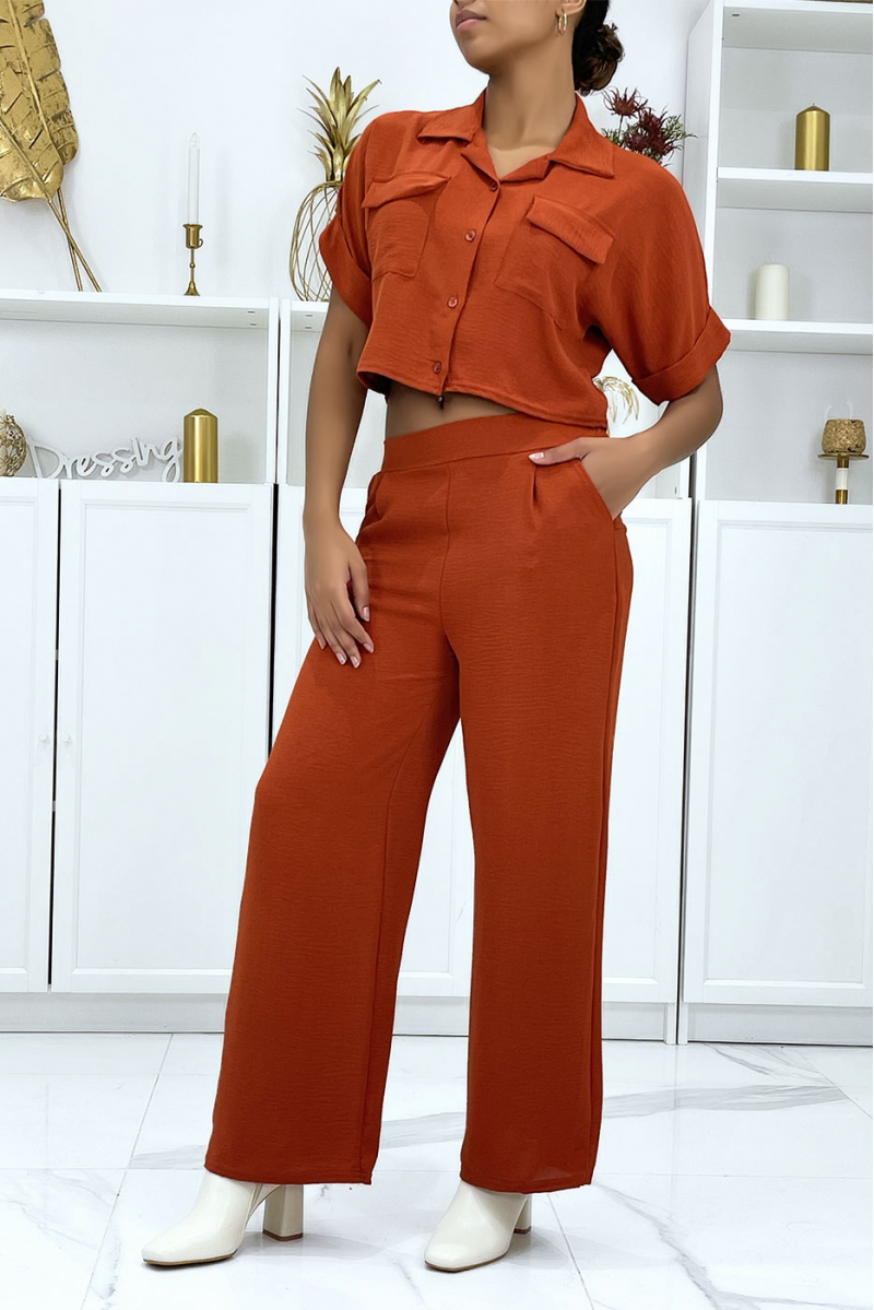 Saharan shirt and cognac palazzo pants set - 2