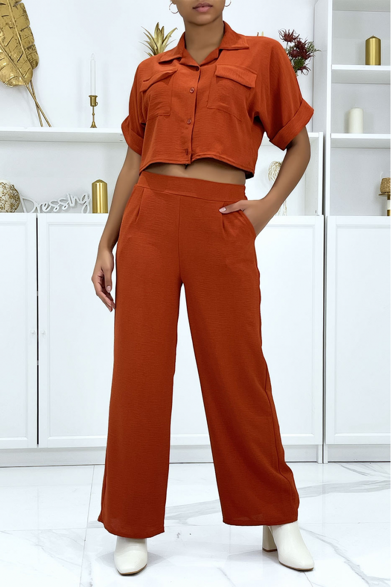 Saharan shirt and cognac palazzo pants set - 3