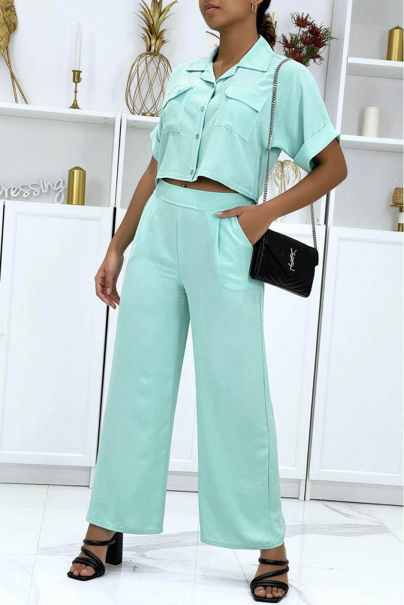 Ensemble chemise saharienne et pantalon palazzo turquoise - 1