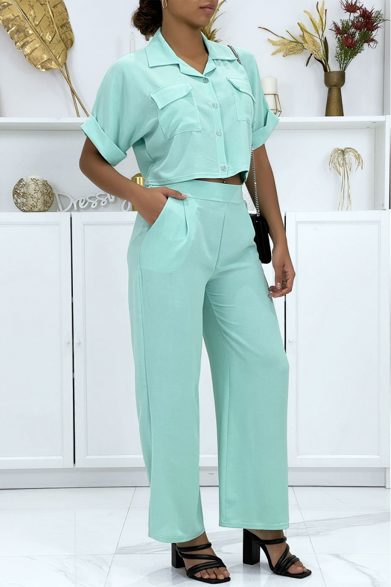Ensemble chemise saharienne et pantalon palazzo turquoise - 4