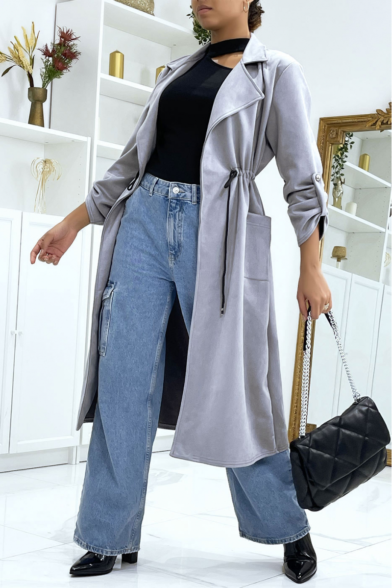 Longue veste en suédine grise - 2