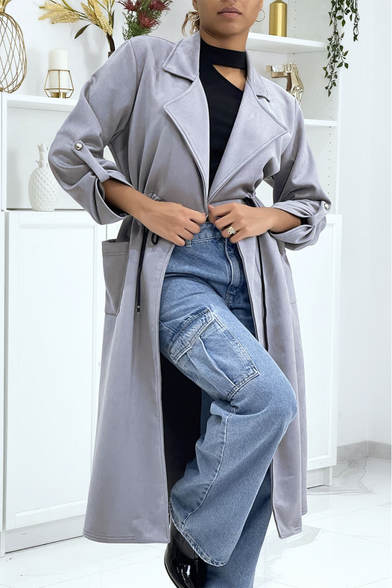 Long gray suedette jacket - 4