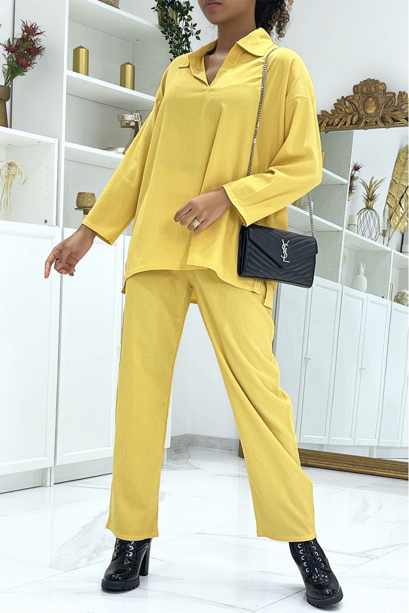 Flowing mustard yellow set with lapel collar - 1