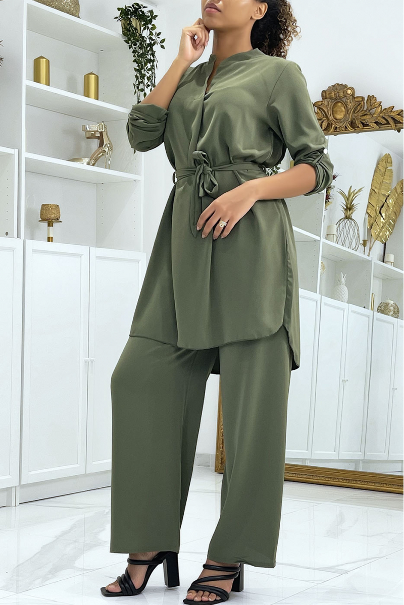 Ensemble tunique ceinturée et pantalon kaki - 1