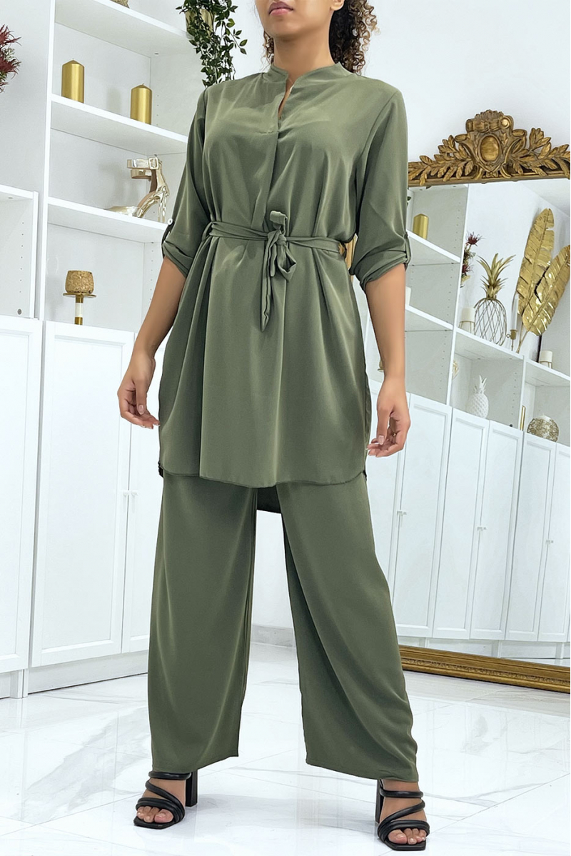 Ensemble tunique ceinturée et pantalon kaki - 2
