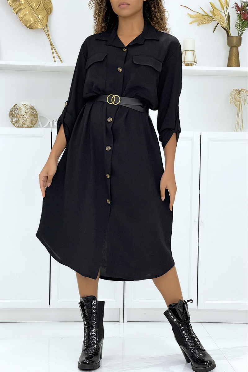 Long black shirt dress with safari pockets - 1