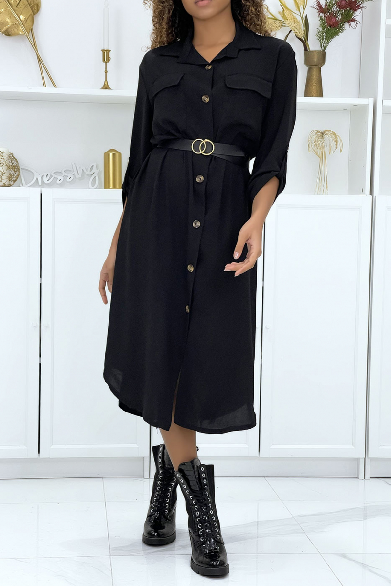 Long black shirt dress with safari pockets - 2