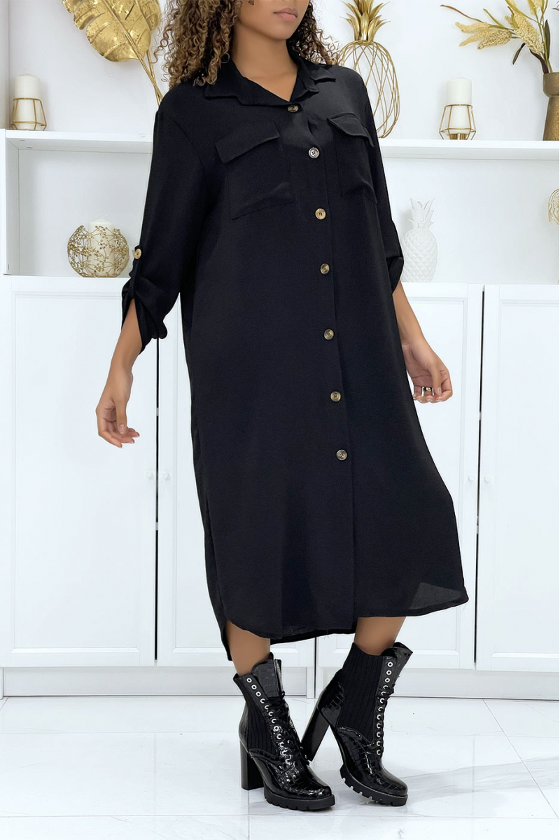 Long black shirt dress with safari pockets - 4