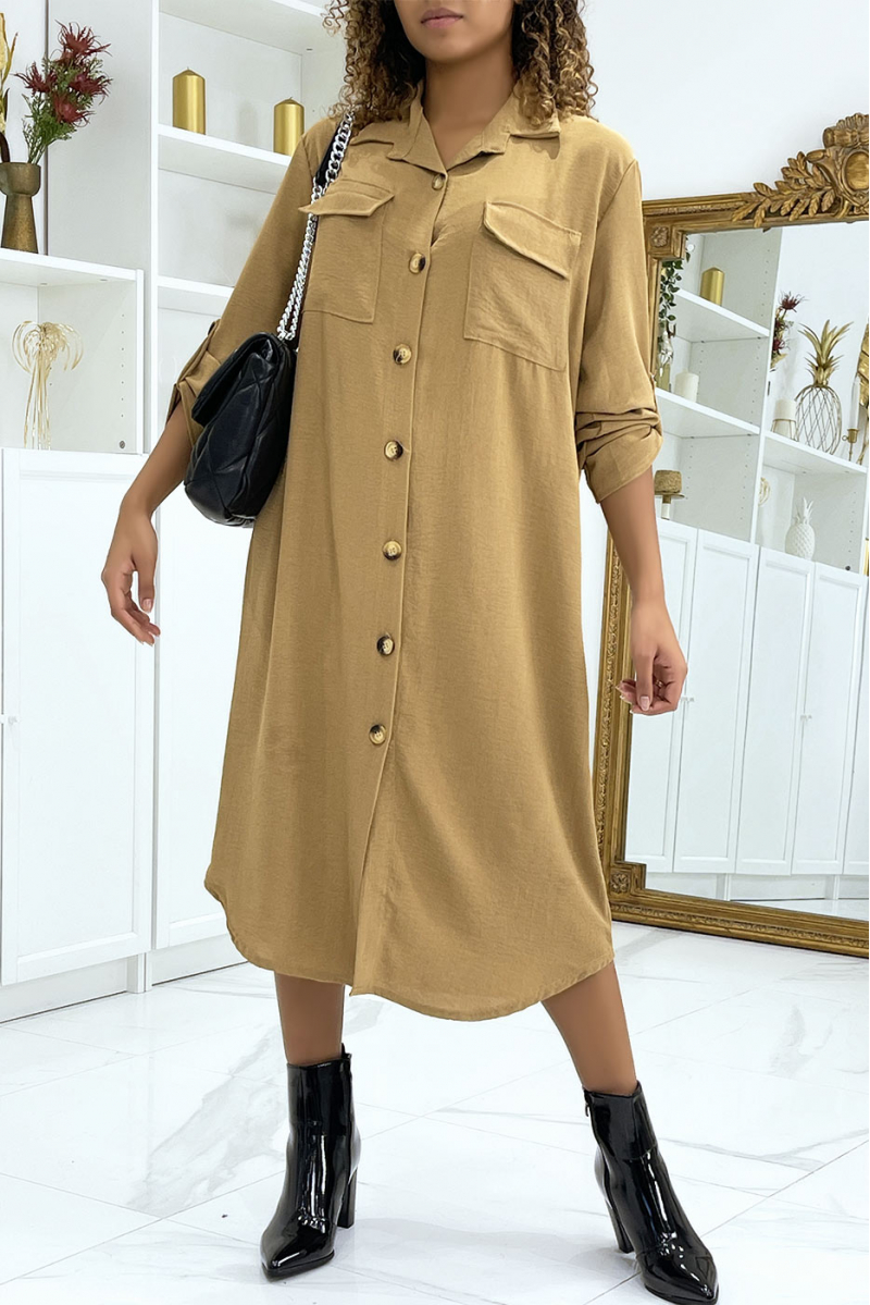Long camel shirt dress with safari pockets - 1