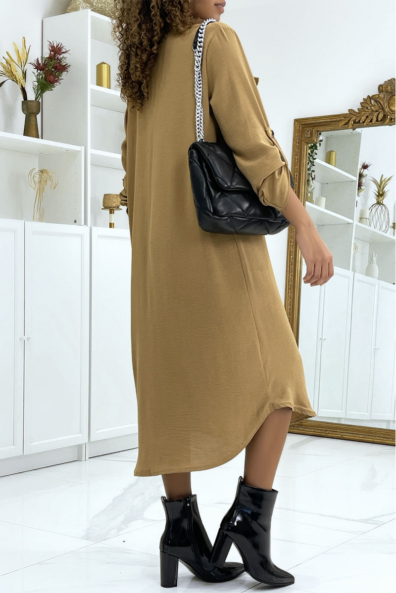 Long camel shirt dress with safari pockets - 4
