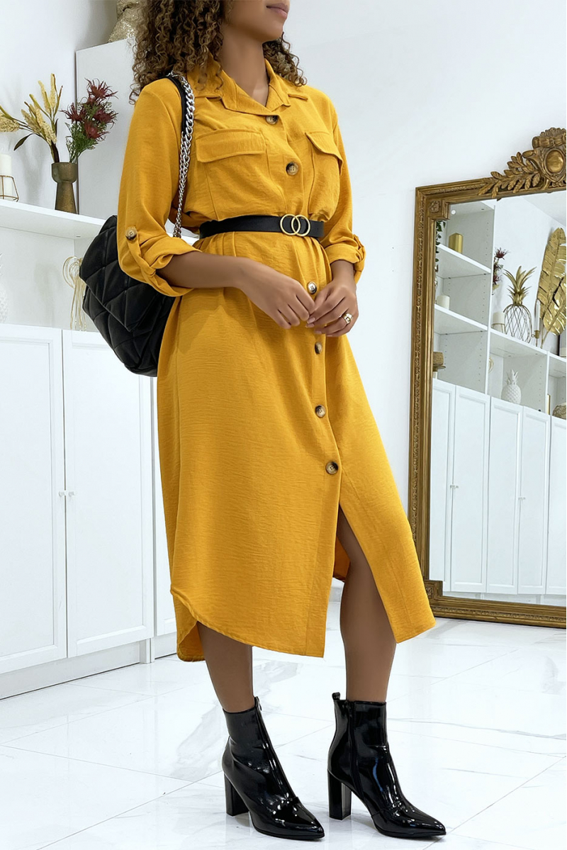 Long mustard shirt dress with safari pockets - 3
