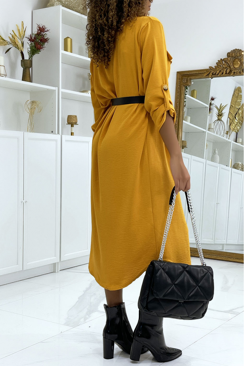 Long mustard shirt dress with safari pockets - 4