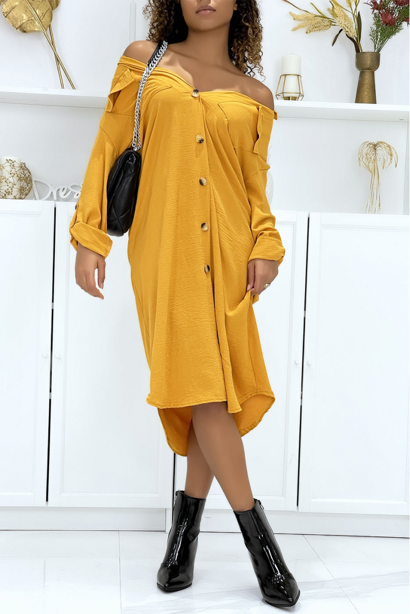 Long mustard shirt dress with safari pockets - 5