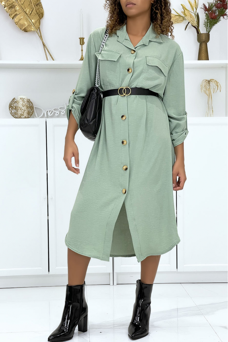 Long water green shirt dress with safari pockets - 1