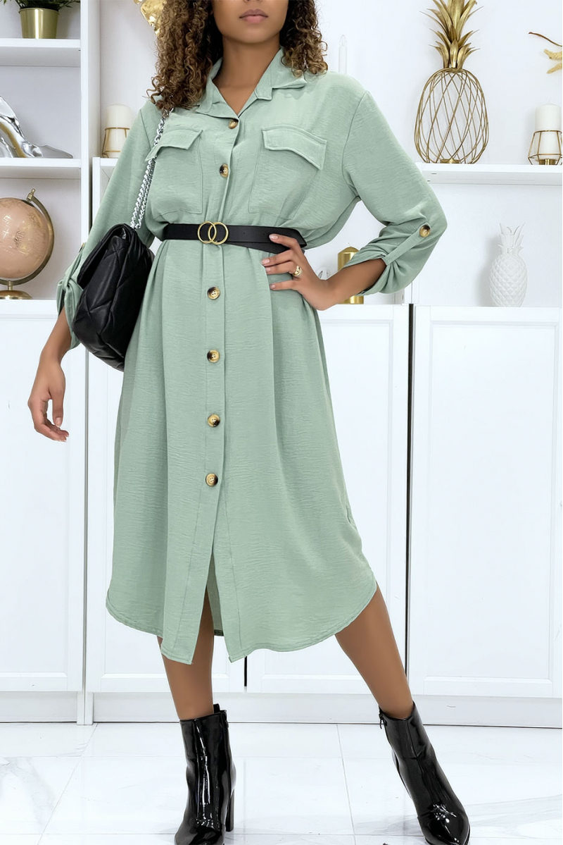Long water green shirt dress with safari pockets - 2