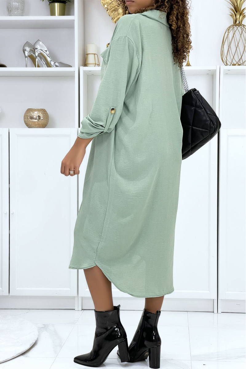 Long water green shirt dress with safari pockets - 5