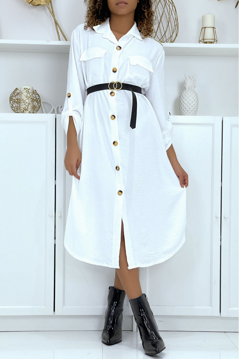 Long white shirt dress with safari pockets - 1