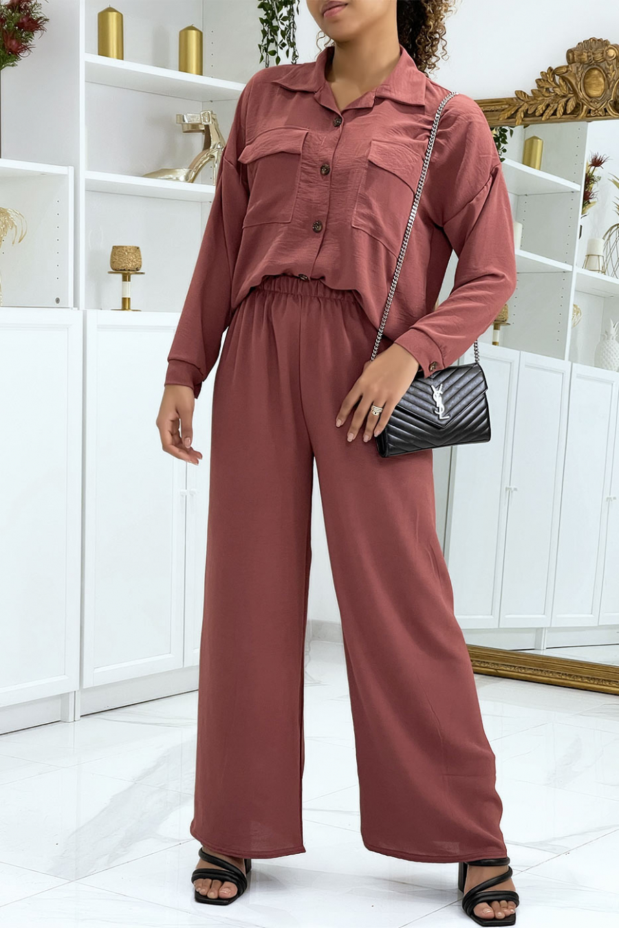 Trendy dark pink pocket shirt and pants set - 5
