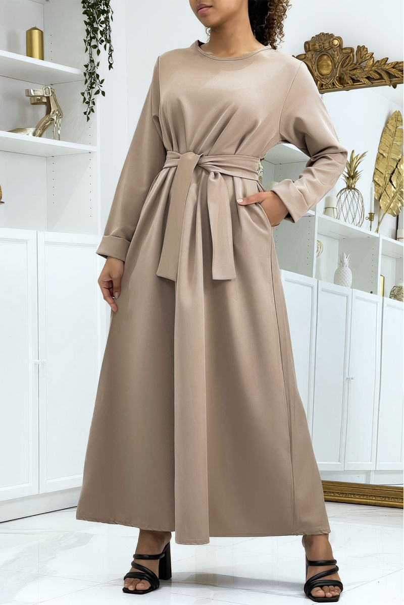 Longue abaya camel avec poches et ceinture - 4