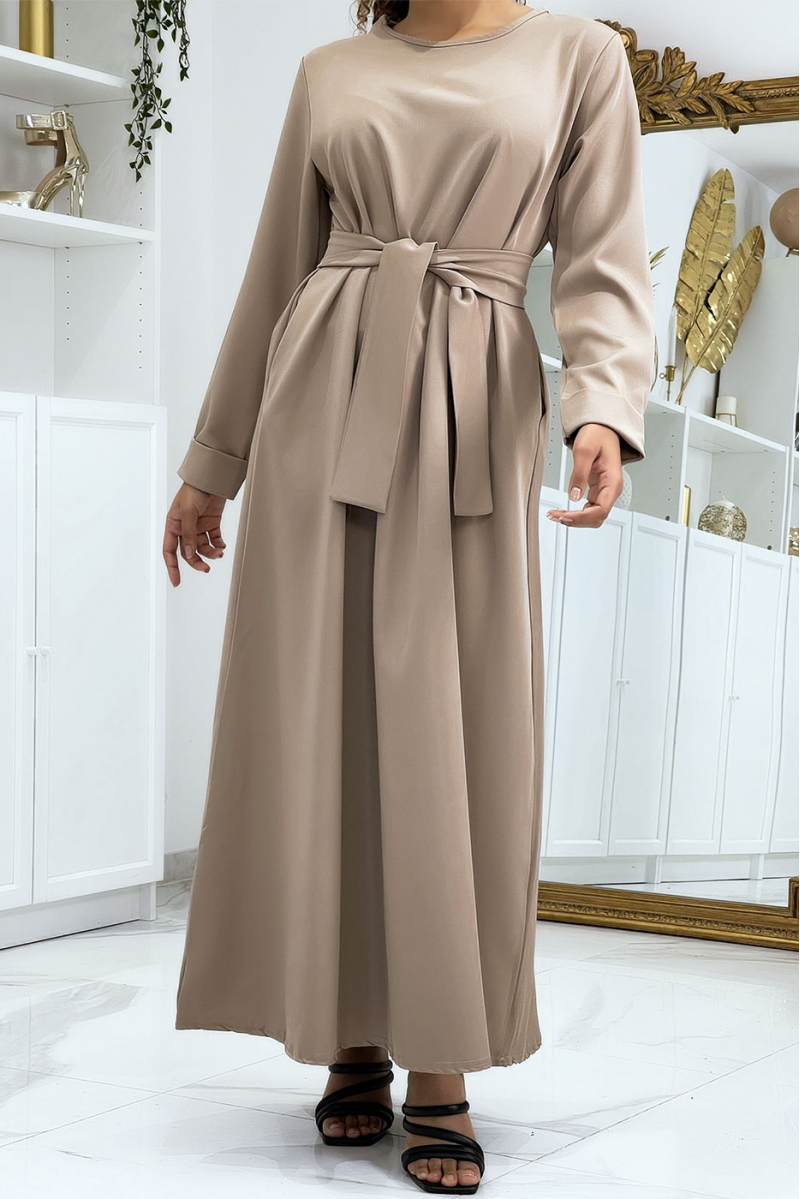 Long camel abaya with pockets and belt - 6