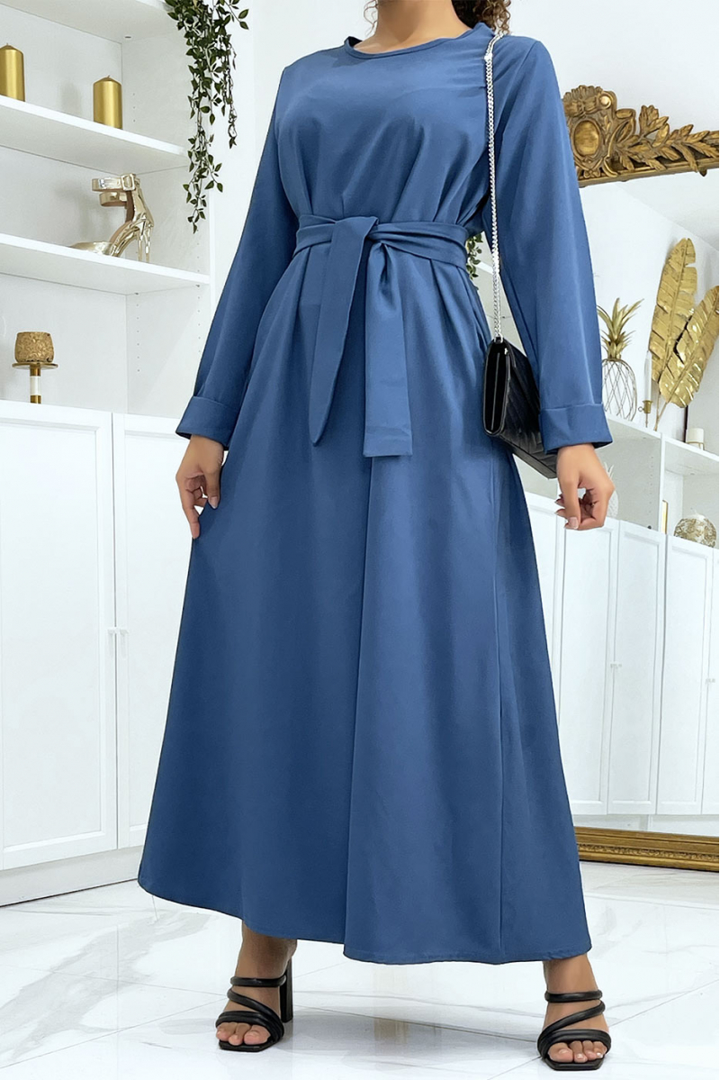 Long indigo abaya with pockets and belt - 1