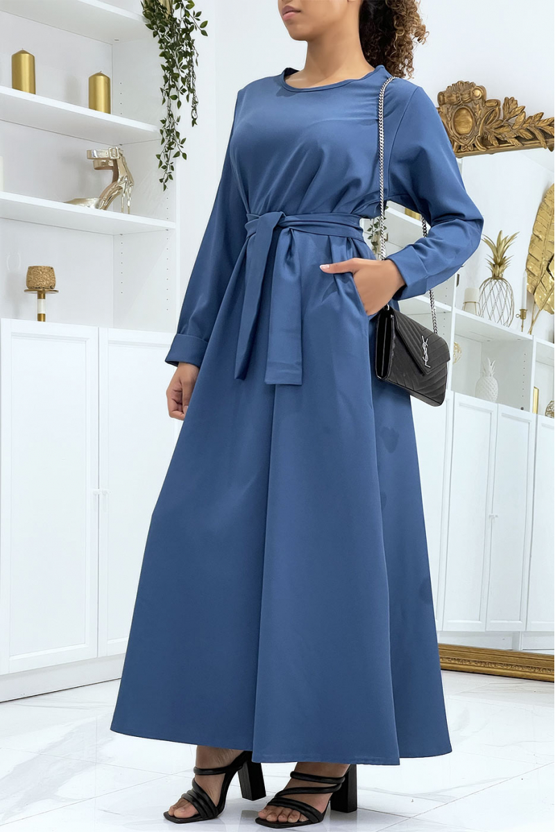 Long indigo abaya with pockets and belt - 2