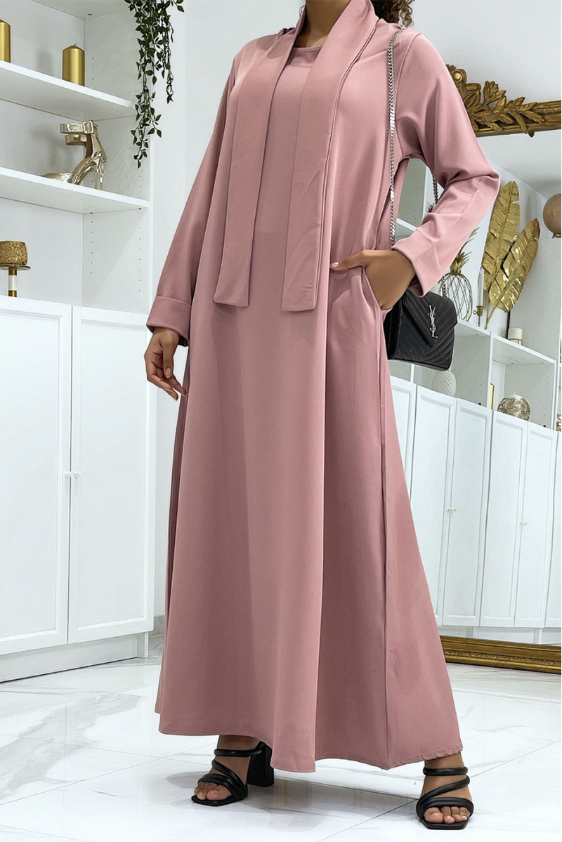 Long pink abaya with pockets and belt - 2