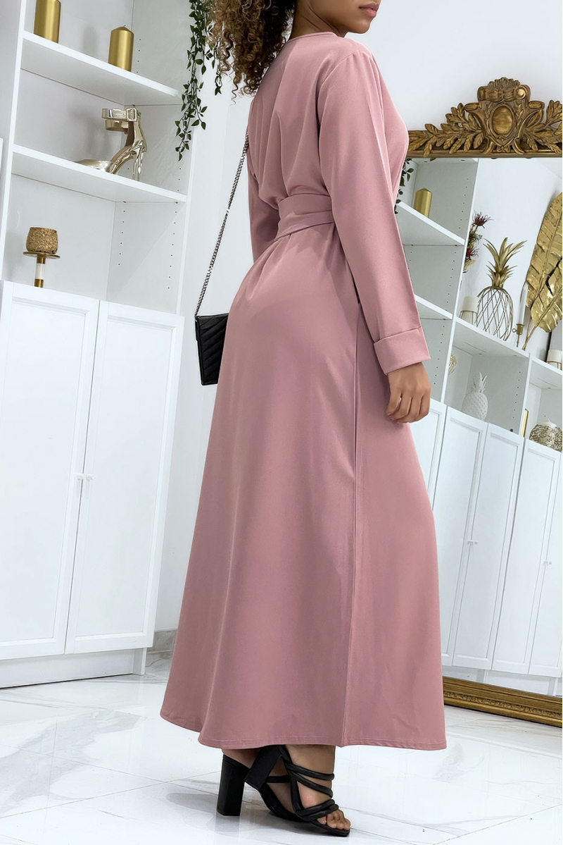 Long pink abaya with pockets and belt - 3