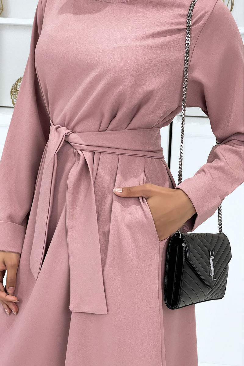 Long pink abaya with pockets and belt - 4