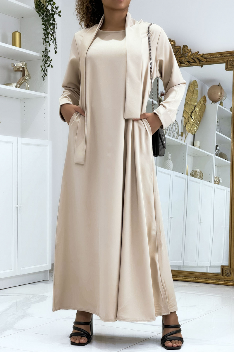 Long beige abaya with pockets and belt - 2