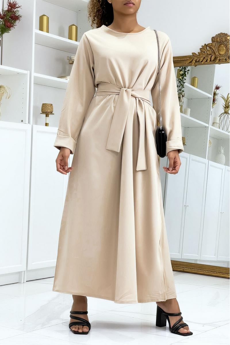 Long beige abaya with pockets and belt - 4