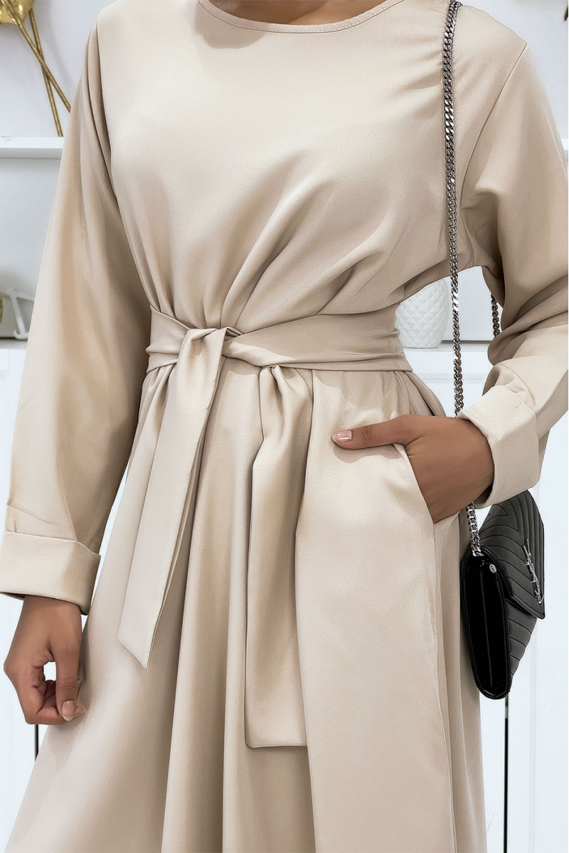 Long beige abaya with pockets and belt - 5
