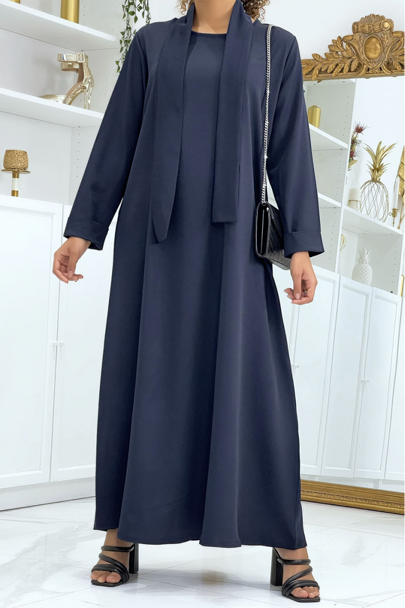 Long navy abaya with pockets and belt - 1