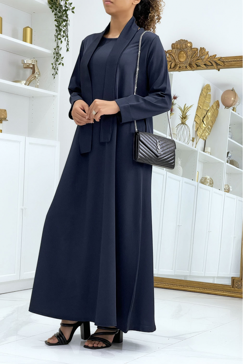 Lange marineblauwe abaya met zakken en riem - 2