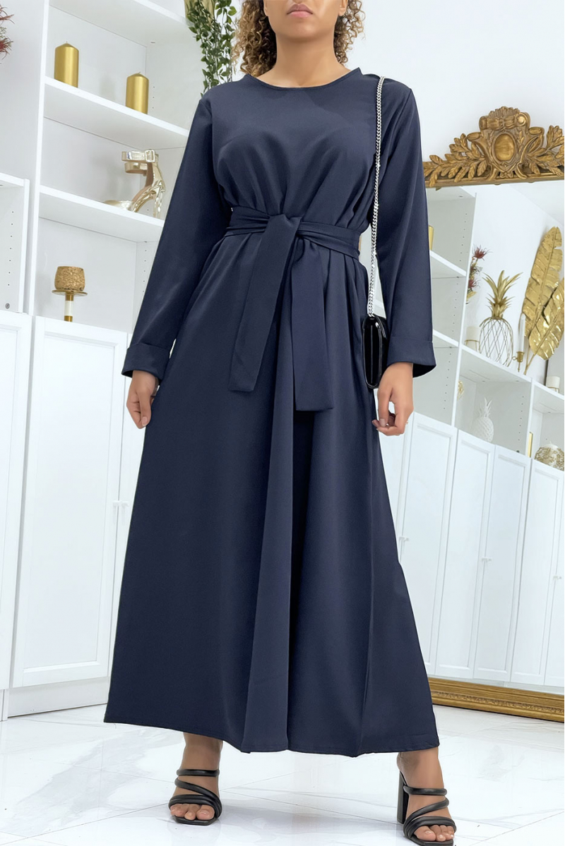 Lange marineblauwe abaya met zakken en riem - 4