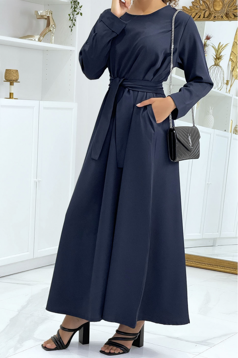 Lange marineblauwe abaya met zakken en riem - 5