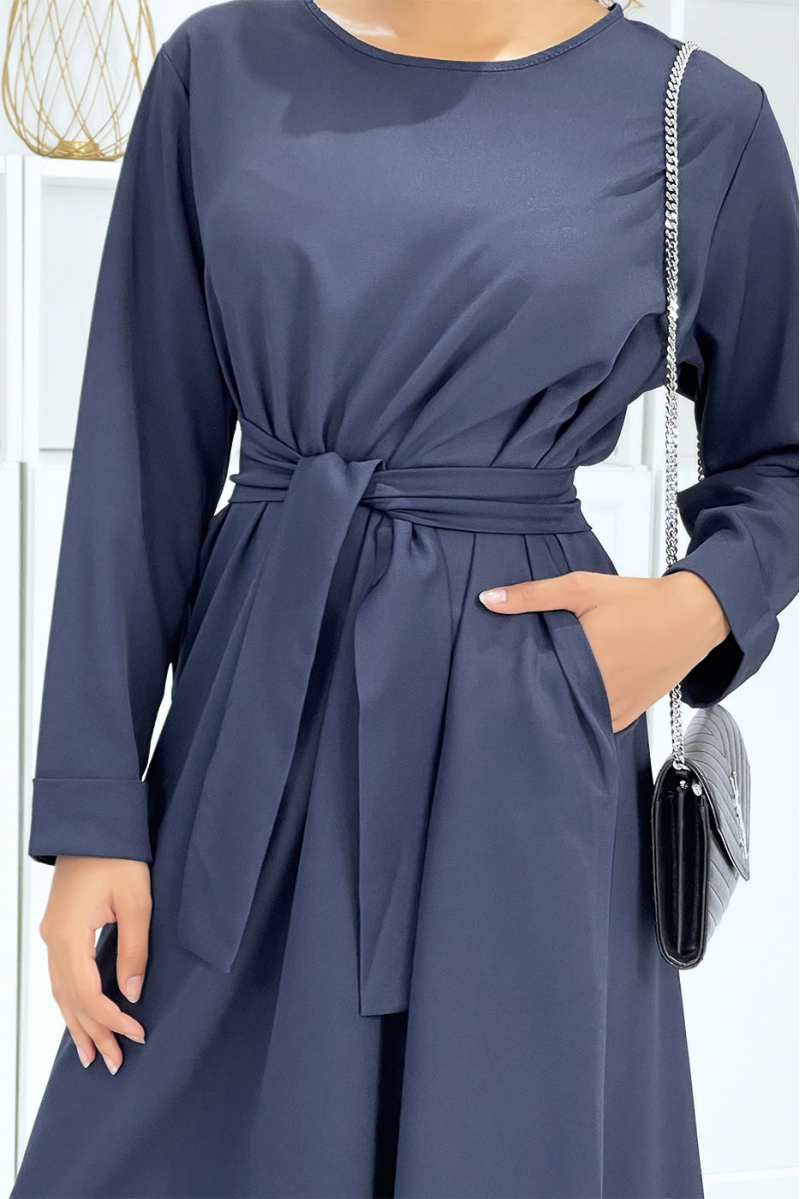 Lange marineblauwe abaya met zakken en riem - 6