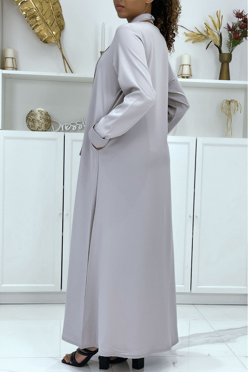 Long gray abaya with pockets and belt - 1