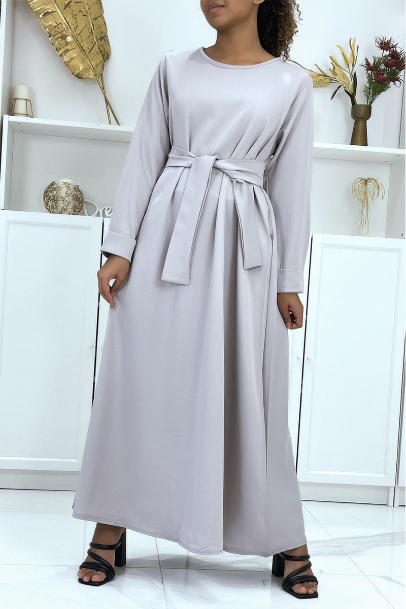 Long gray abaya with pockets and belt - 2