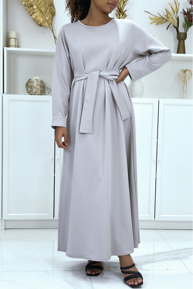 Long gray abaya with pockets and belt - 3